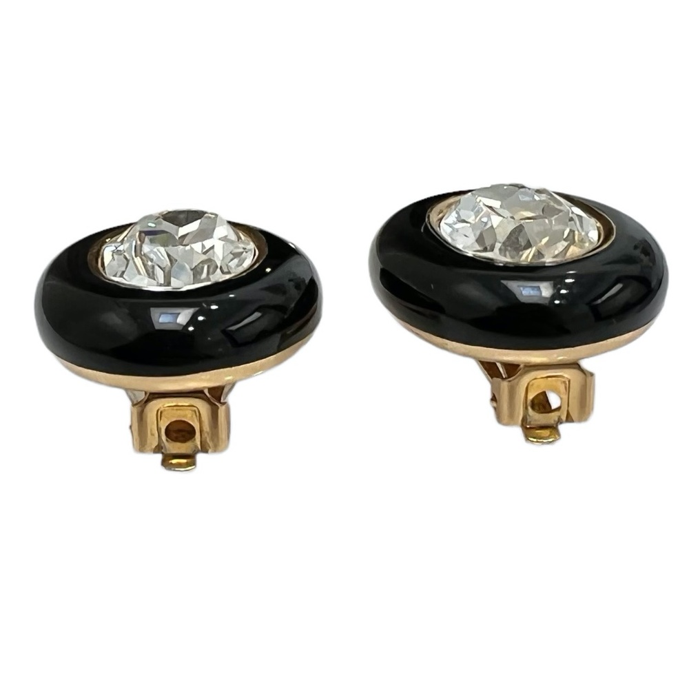 CHRISTIAN DIOR BLACK ENAMEL & FACETED CRYSTAL OVAL CLIP ON EARRINGS - Picture 9 of 16